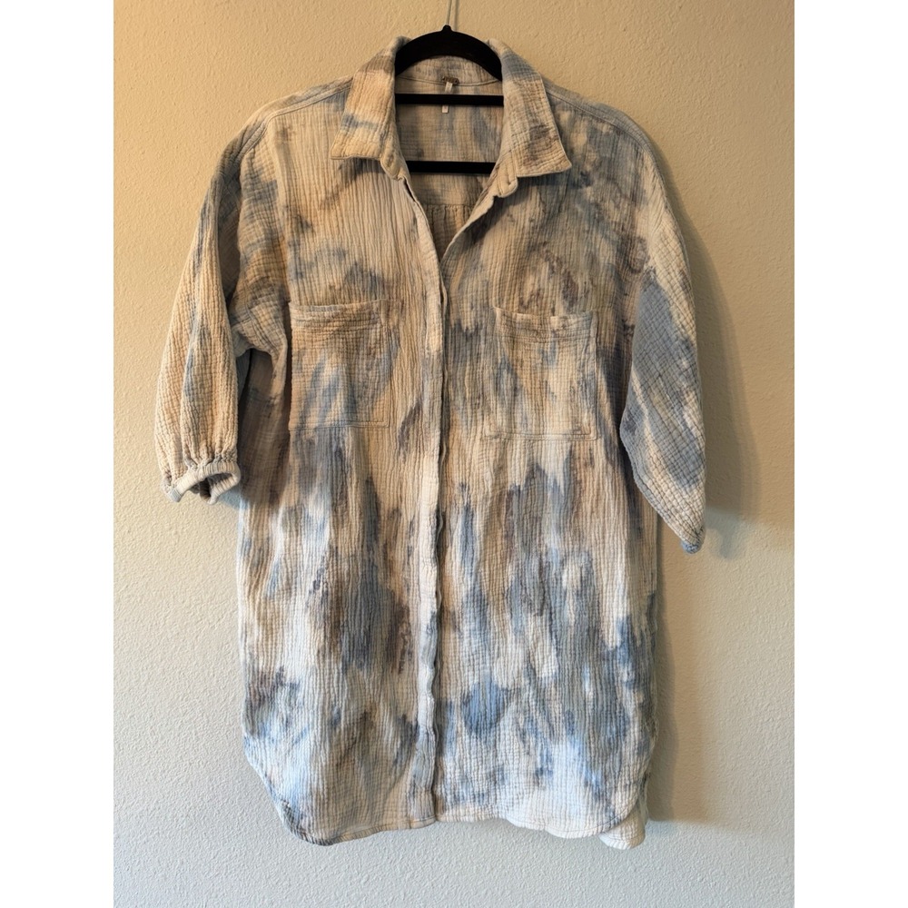 Young Fabulous‎ Broke Tie Dye Button Tunic 3/4 Sleeve Blue White Gray